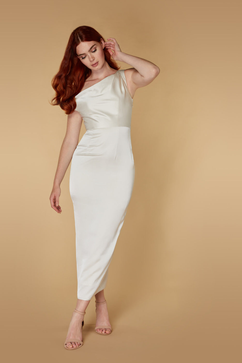 Jarlo's Cha Drop Shoulder Midaxi Dress in Ivory Satin Jarlo London Jarlo's Cha Drop Shoulder Midaxi Dress in Ivory Satin Jarlo London
