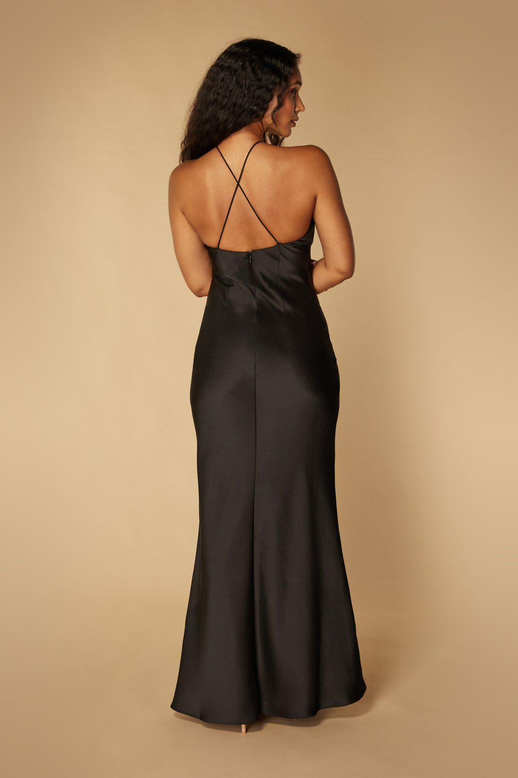 Jarlo Star high neck black satin maxi dress with cross cami straps