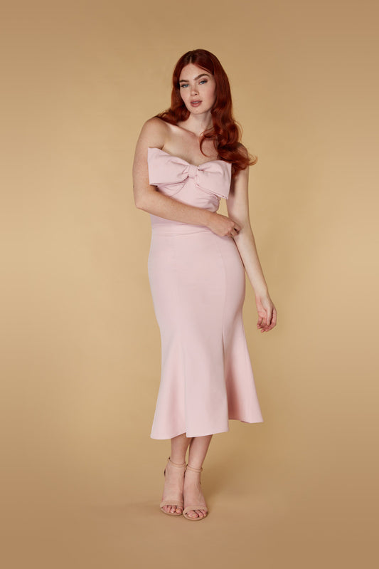 Jarlo Jaq strapless pink midi dress with bow bust detail