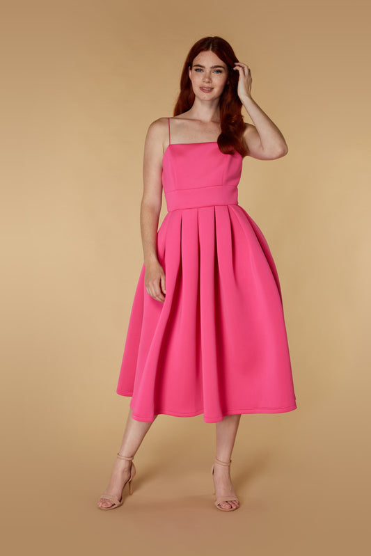 Jarlo Pearl puff skirt pink scuba midi dress with open back