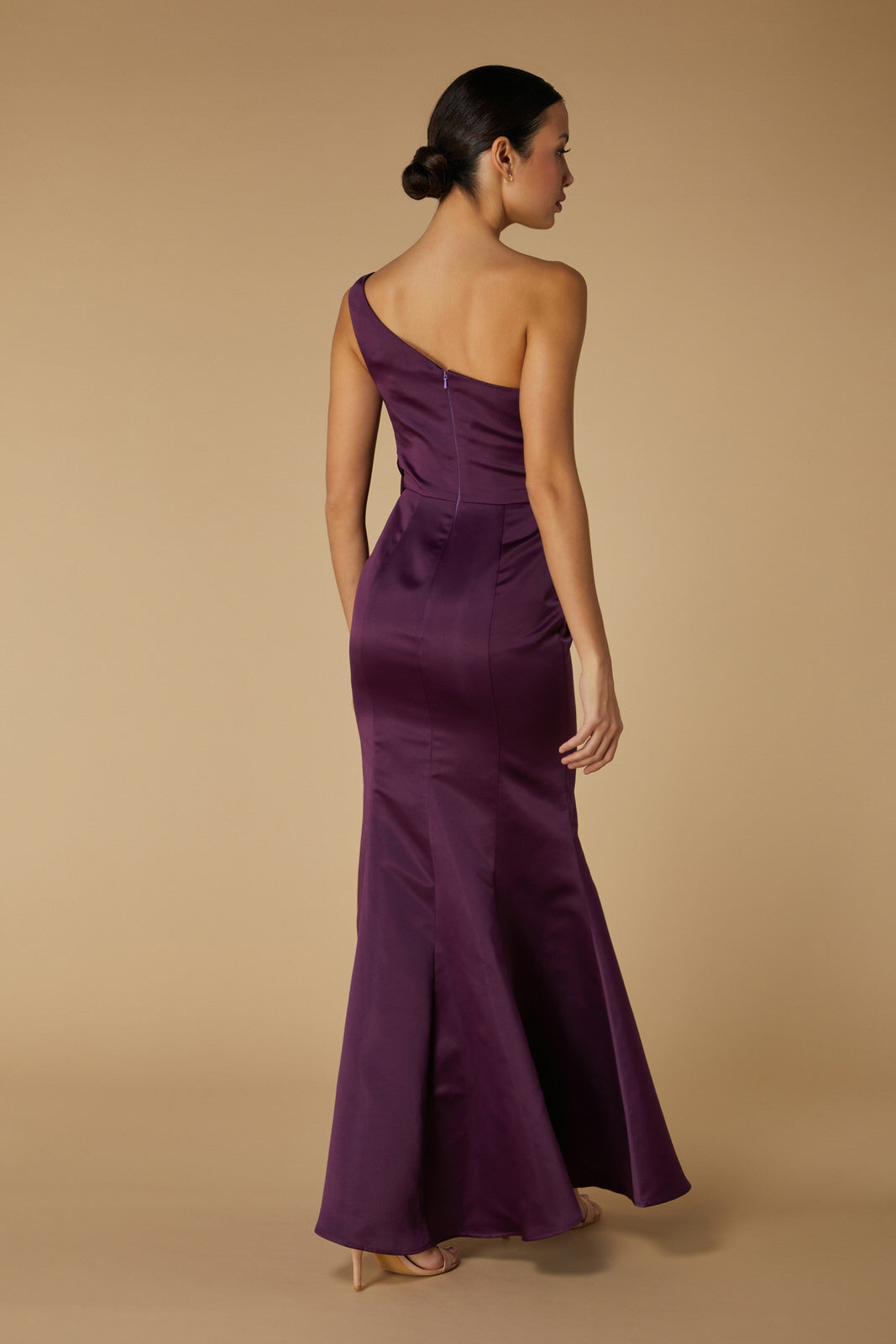 Jarlo Rose One Shoulder Midnight Plum Satin Maxi Dress with Bow Detail