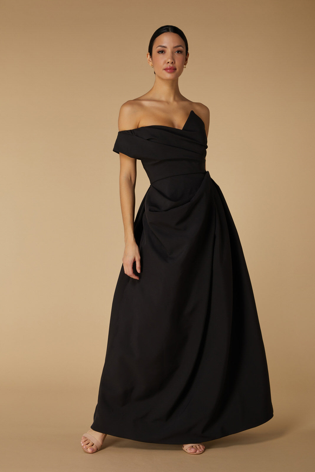 jarlo off shoulder dress Em Off Shoulder Maxi Dress with Draped Skirt Detail