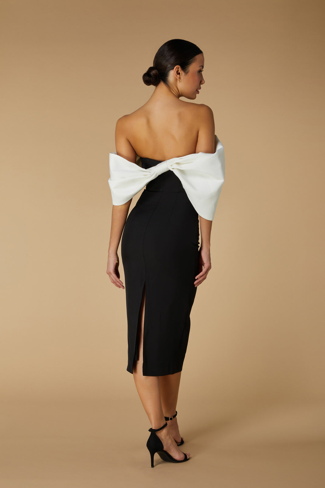 Jarlo Ava Off Shoulder Black Midi Dress with Sculpted Monochrome Detail