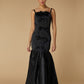 Jarlo Romy Black Satin Maxi Dress with Peplum Hem and Bow Detail