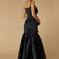 Jarlo Romy Black Satin Maxi Dress with Peplum Hem and Bow Detail