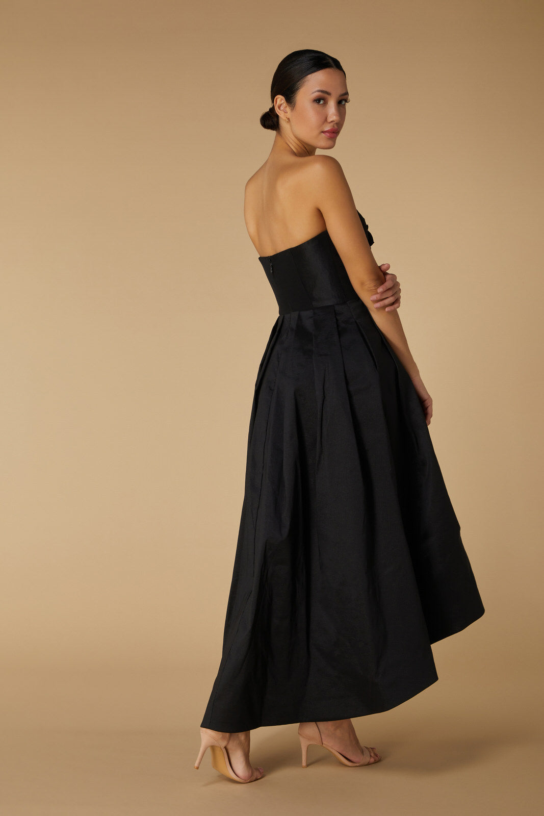 Jarlo Pearl High Low Black Midi Dress with Corsage Detail