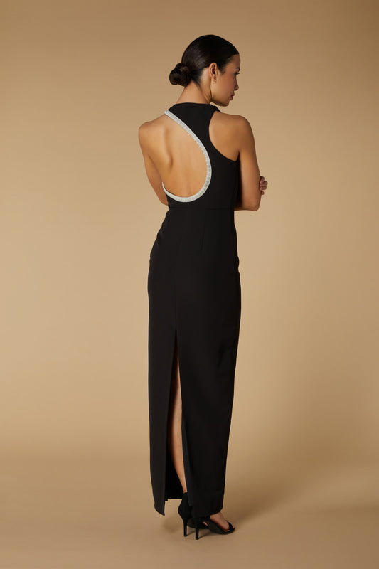 Jarlo Rue High Neck Black Maxi Dress with Embellished Cut Out Detail