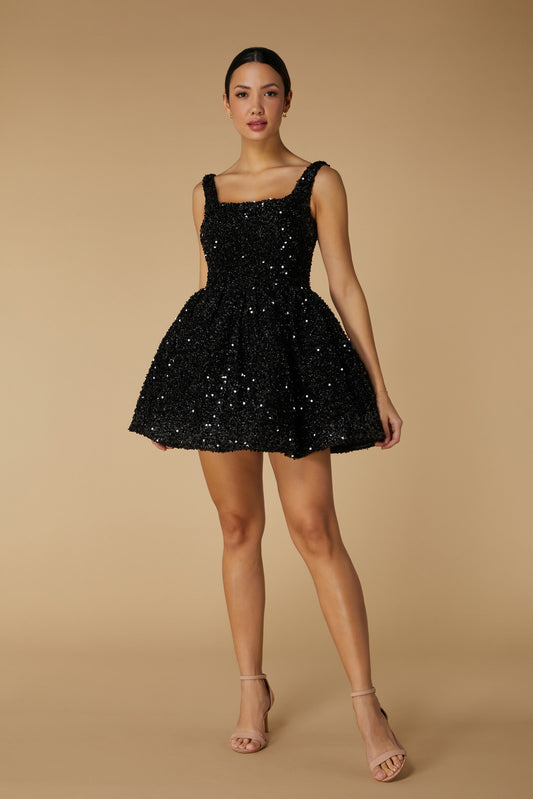 Jarlo Albie Black Sequin Mini Dress with Voluminous Skirt