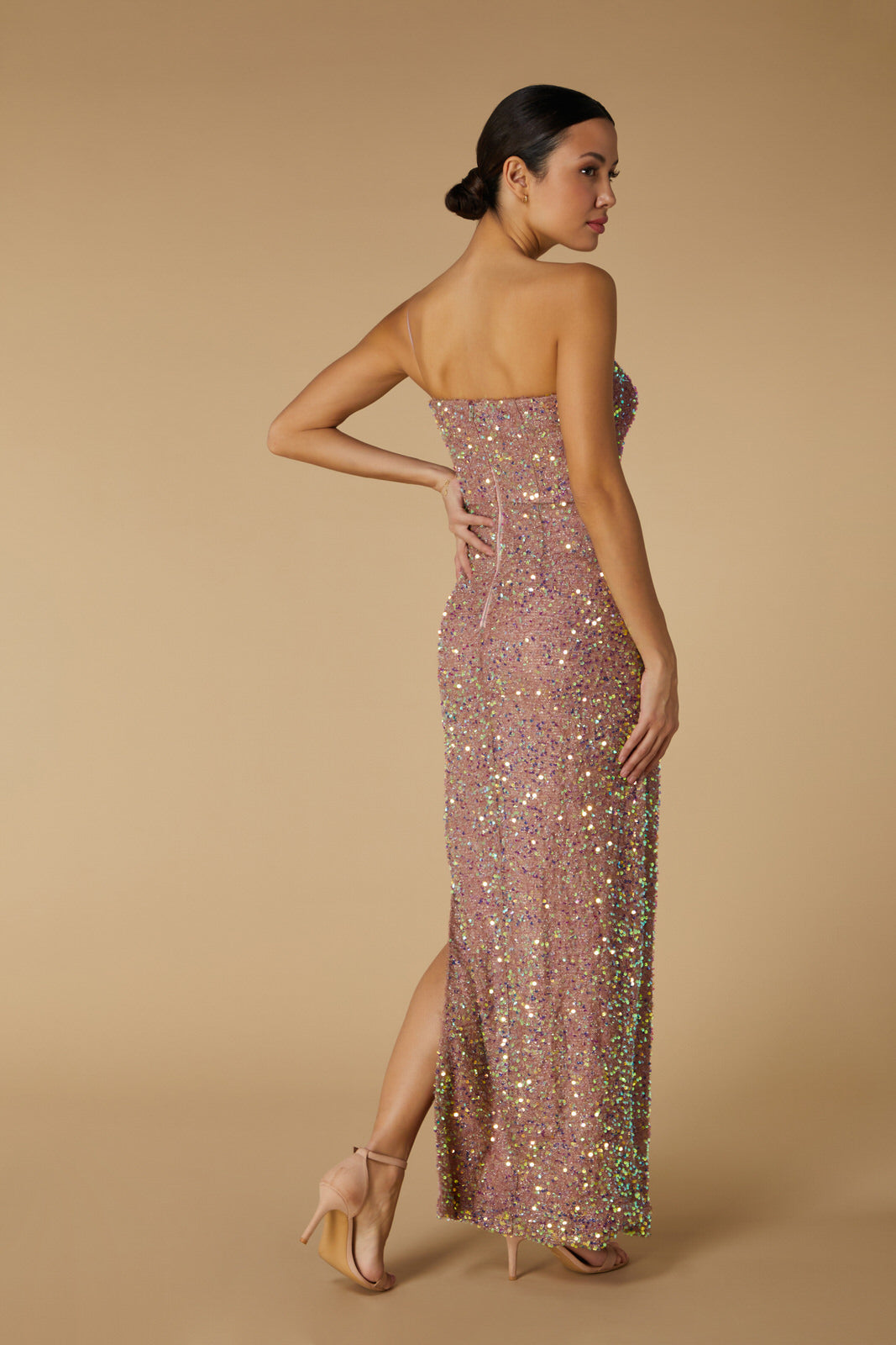 Jarlo Clement One Shoulder Champagne Sequin Maxi Dress