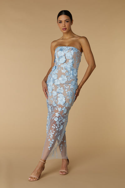 Jarlo's Willow 3D Lace Strapless Midi Dress in Blue – Jarlo London