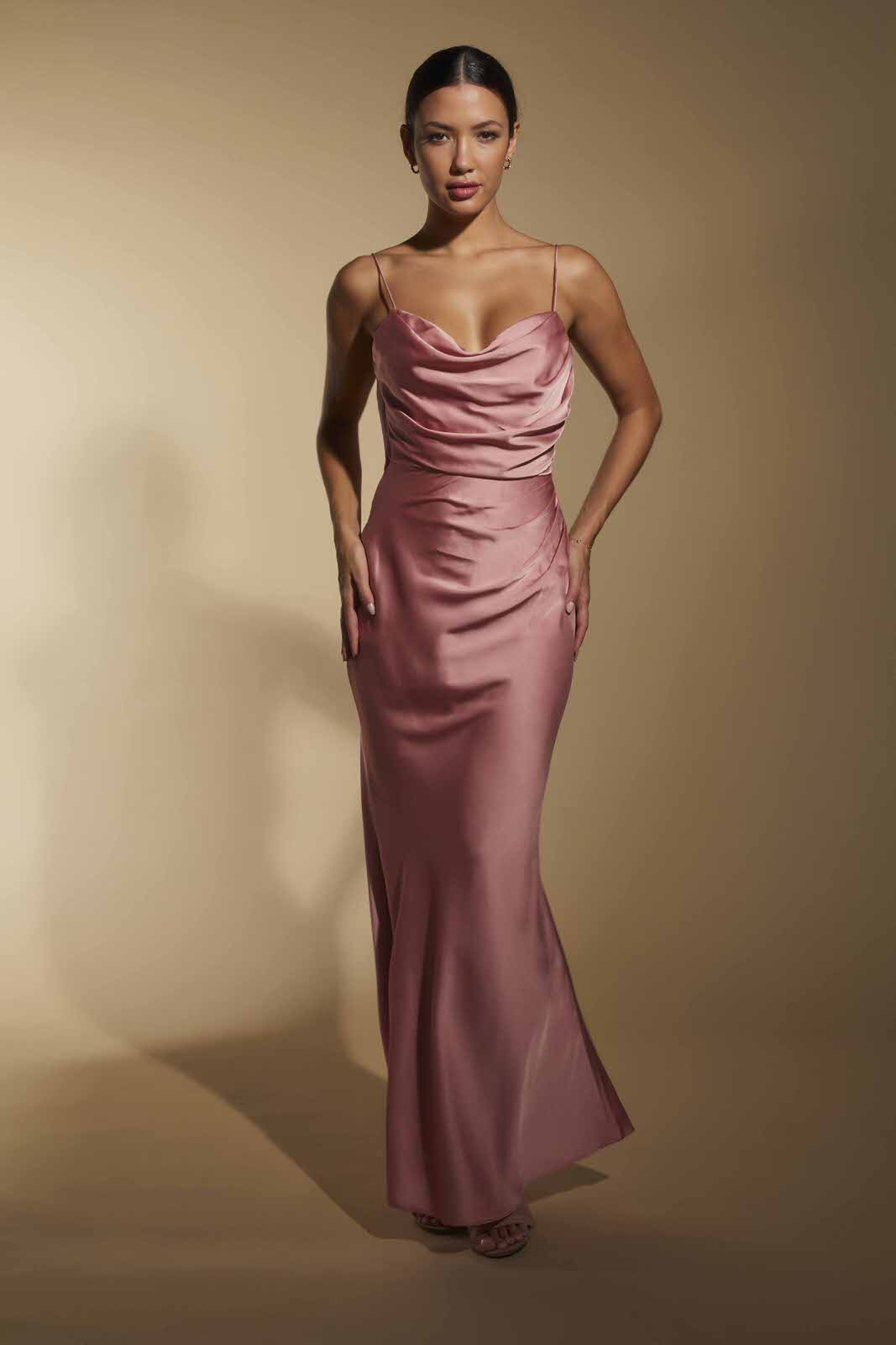 silk cowl back dress Cowl Back Dress With Peekaboo Applique Panel And Ruching