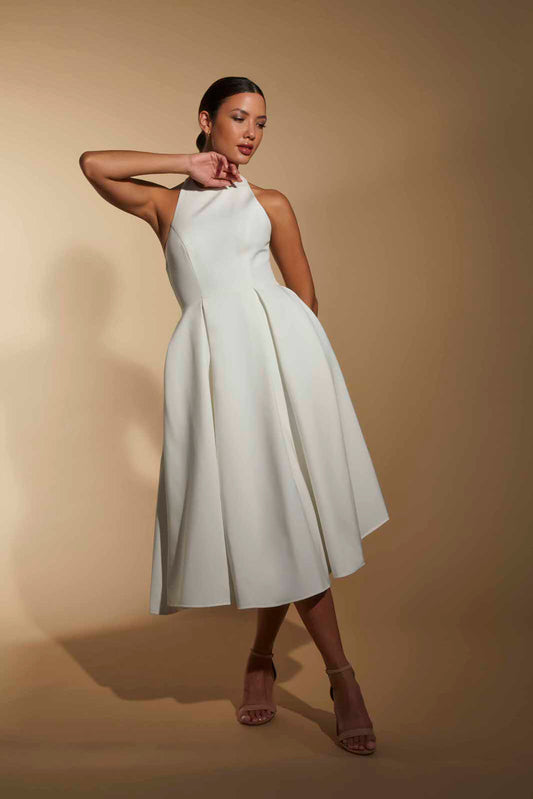 Denise Pleated A-Line Midi Dress with Halter Neckline