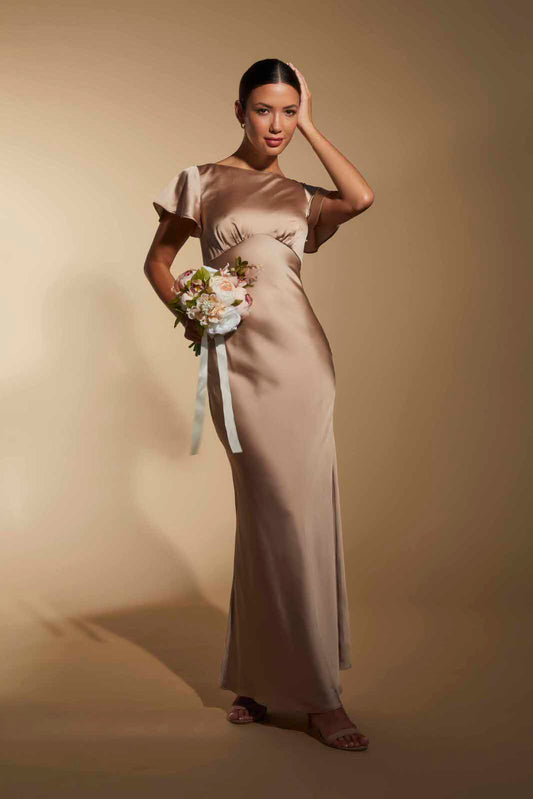 Isla Empire Line Satin Maxi Dress with Bell Sleeves
