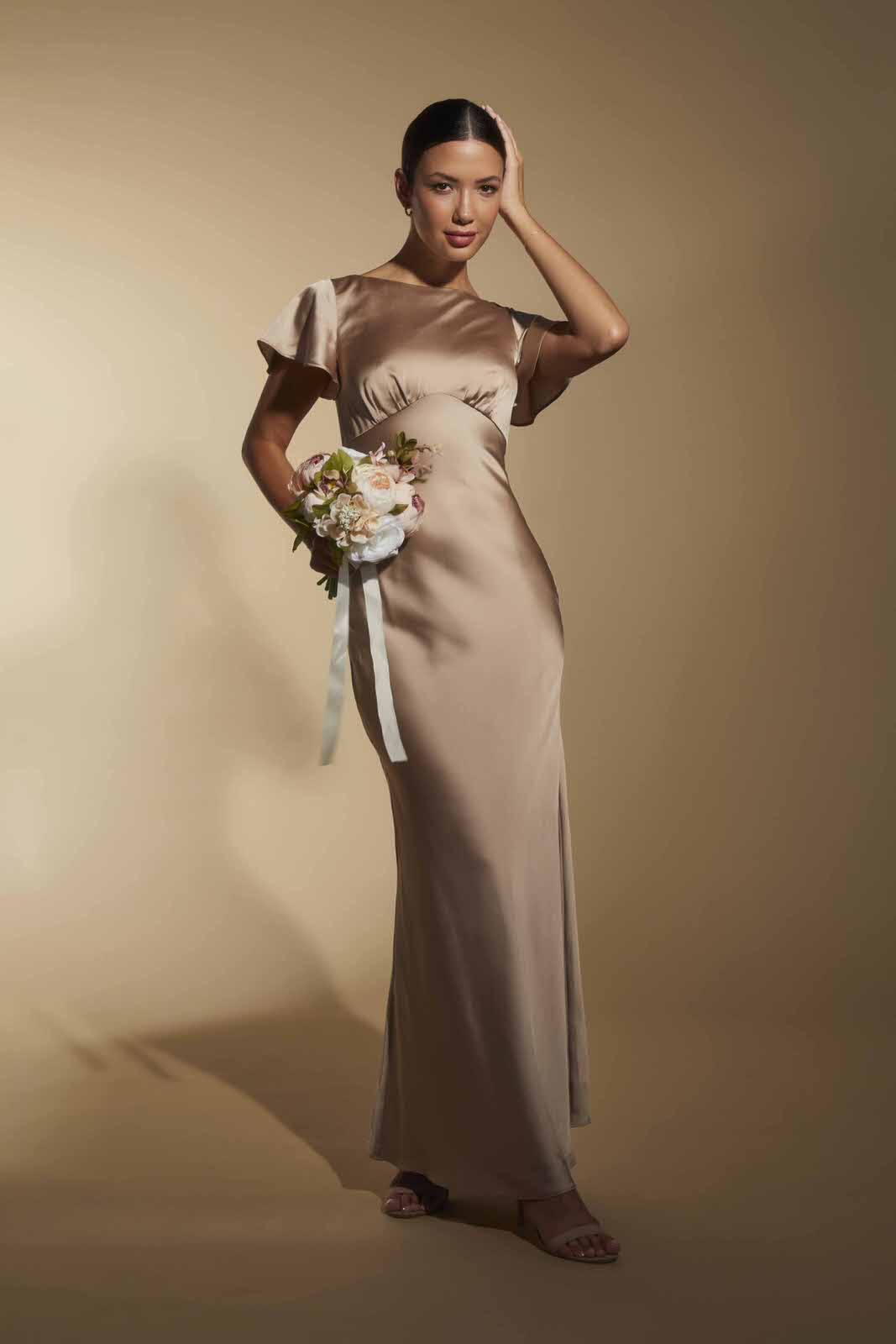 Isla Empire Line Satin Maxi Dress with Bell Sleeves