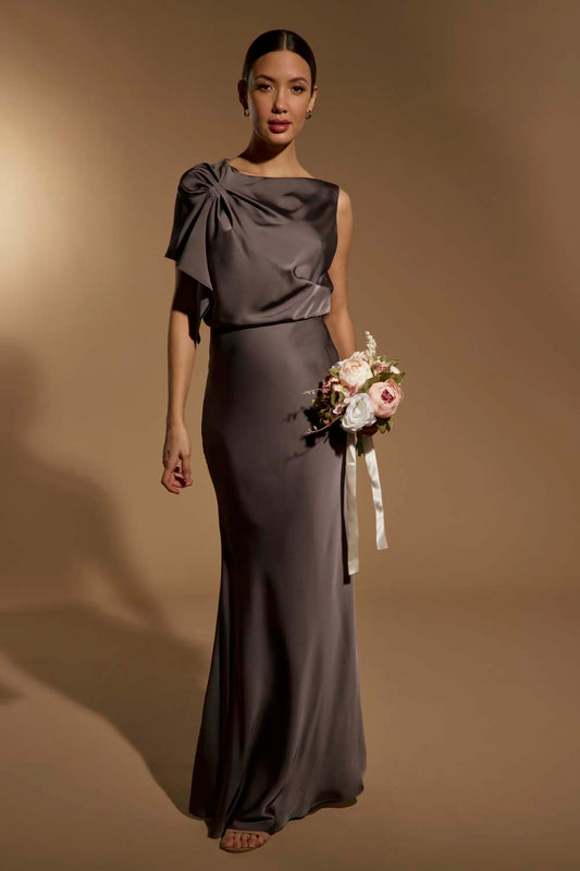 Lee Satin Maxi Dress with Draped Sleeve