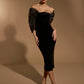 Iris Off Shoulder Velvet Midi Dress with Sculpted Sleeve Detail