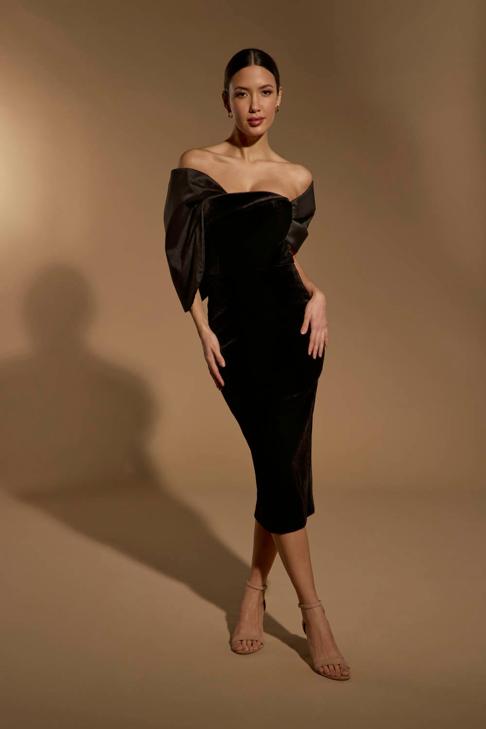 Iris Off Shoulder Velvet Midi Dress with Sculpted Sleeve Detail