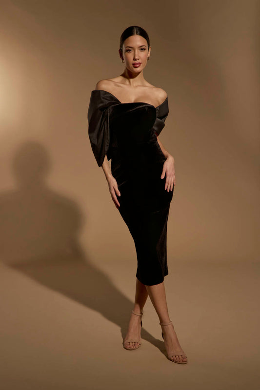 Iris Off Shoulder Velvet Midi Dress with Sculpted Sleeve Detail