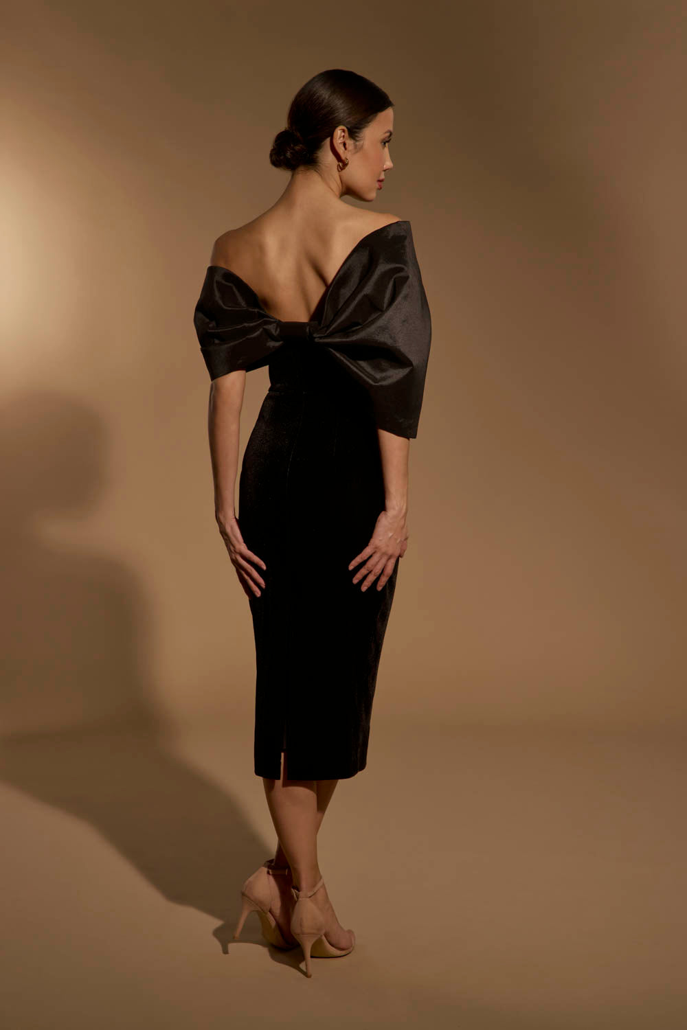 Iris Off Shoulder Velvet Midi Dress with Sculpted Sleeve Detail