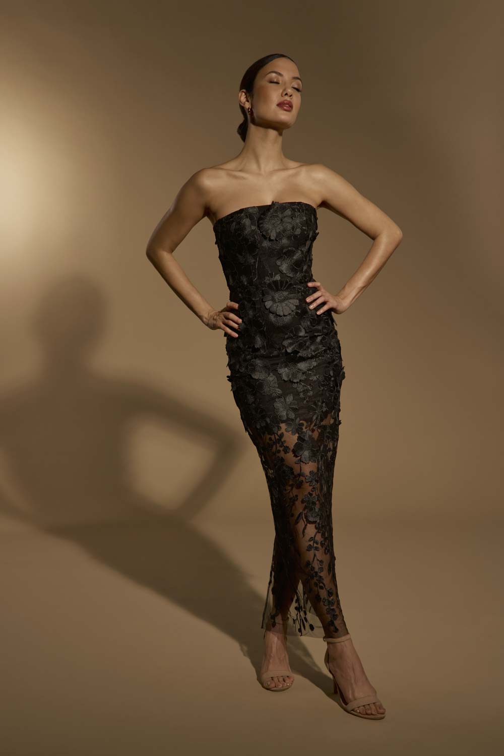 Alice Strapless Midi Dress in Floral 3D Lace