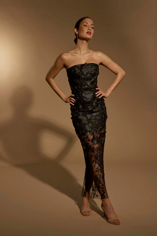 Alice Strapless Midi Dress in Floral 3D Lace