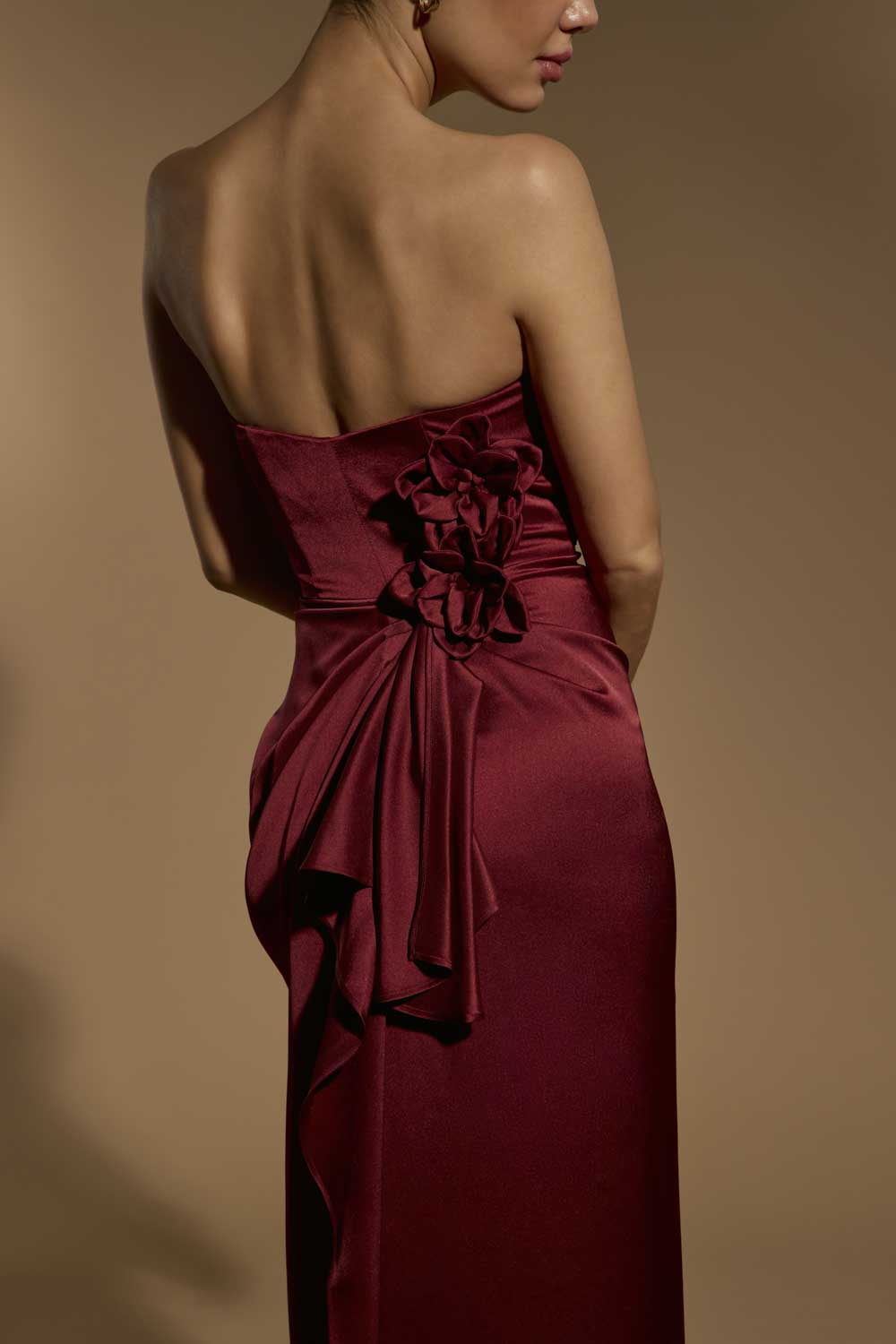 Kylie Strapless Satin Maxi Dress with Corsage Detail