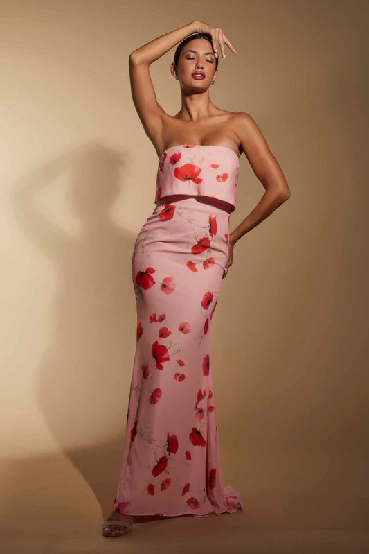 Pia Strapless Print Maxi Dress With Overlay