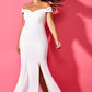 Jarlo ivory bardot fishtail maxi dress with thigh split and train