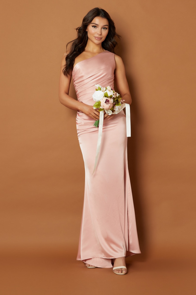 jarlo one shoulder maxi dress Jarlo One Shoulder Satin Maxi Dress With Corsage Neck Detail in Blue