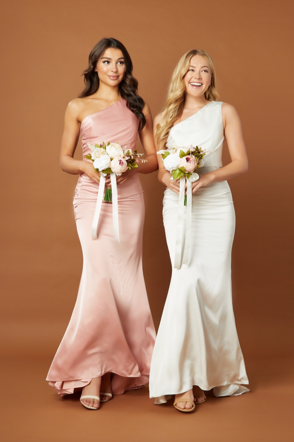 Jarlo Levi one shoulder pink satin maxi dress with pleat detail