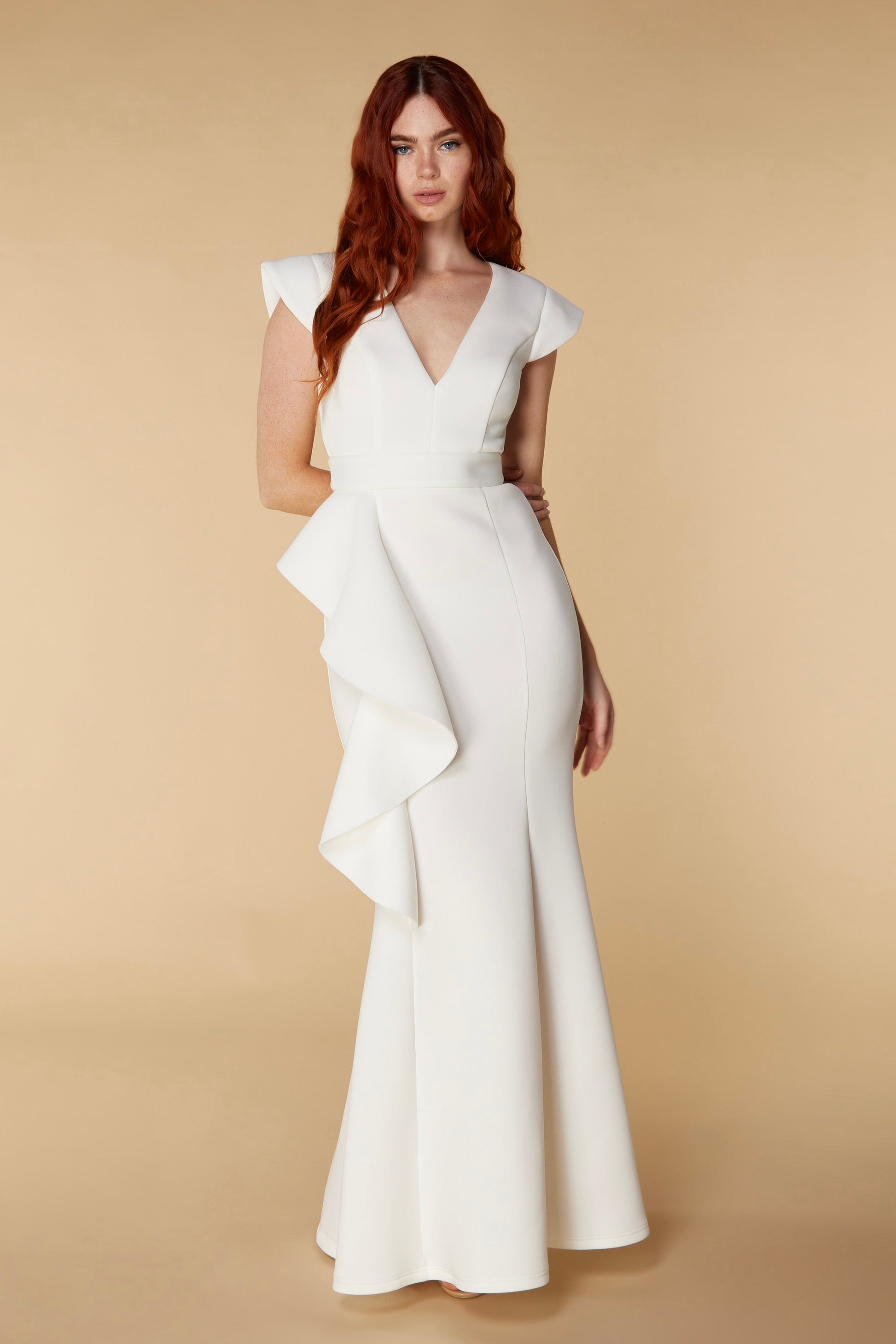 Avery Ruffle Frill V Neck Scuba Maxi Dress in Ivory Jarlo London Avery Ruffle Frill V Neck Scuba Maxi Dress in Ivory Jarlo London