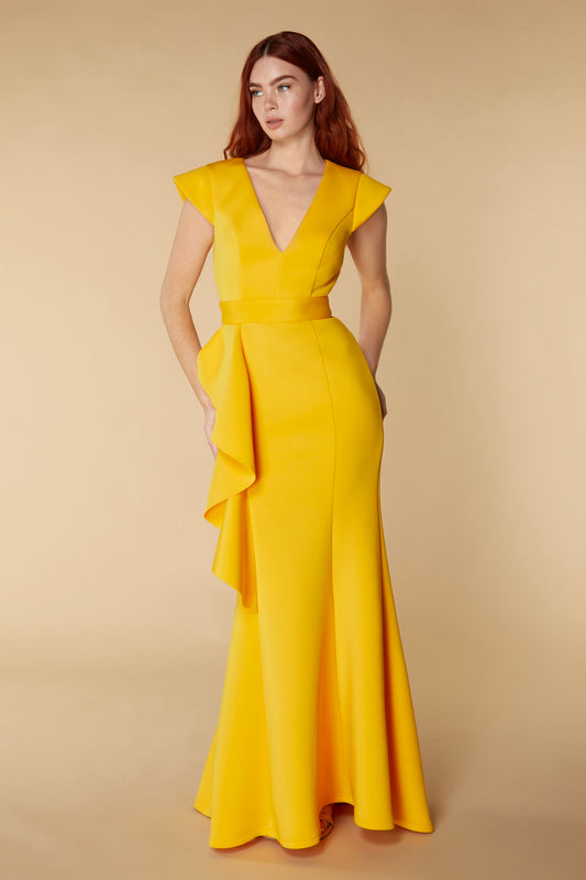 Jarlo yellow v-neck fishtail maxi dress with hip drape