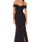 Jarlo black bardot fishtail maxi dress with thigh split and train