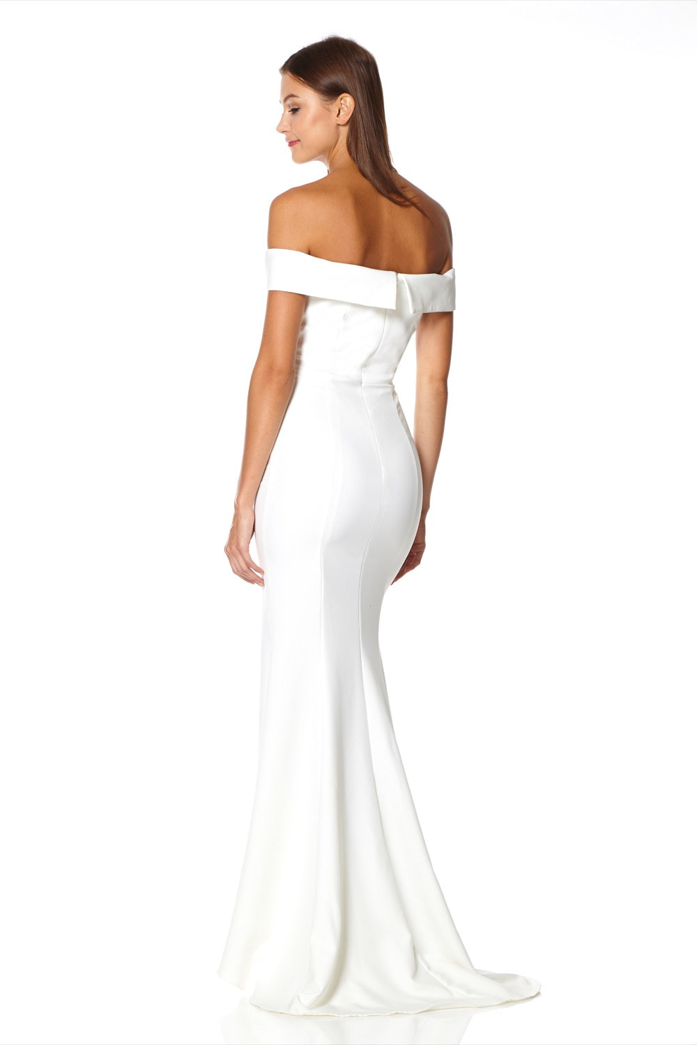 Jarlo ivory bardot fishtail maxi dress with thigh split and train