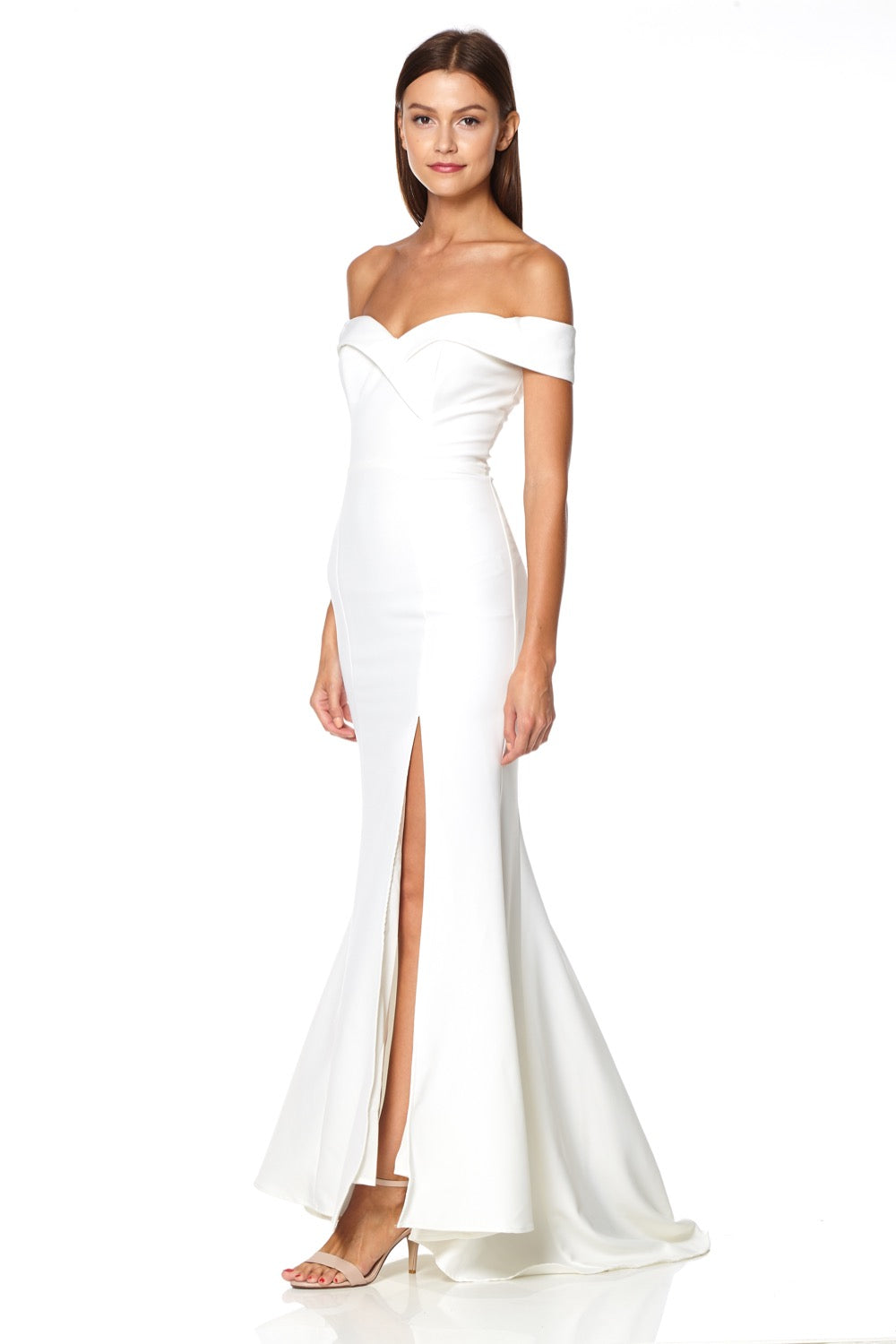 Jarlo ivory bardot fishtail maxi dress with thigh split and train