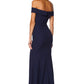 Jarlo navy bardot fishtail maxi dress with thigh split and train