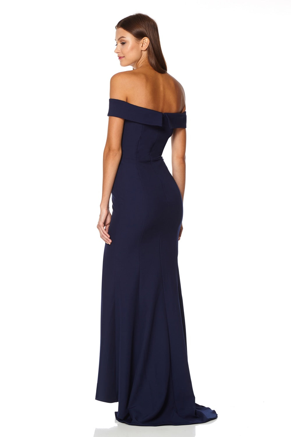 Jarlo navy bardot fishtail maxi dress with thigh split and train