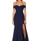 Jarlo navy bardot fishtail maxi dress with thigh split and train