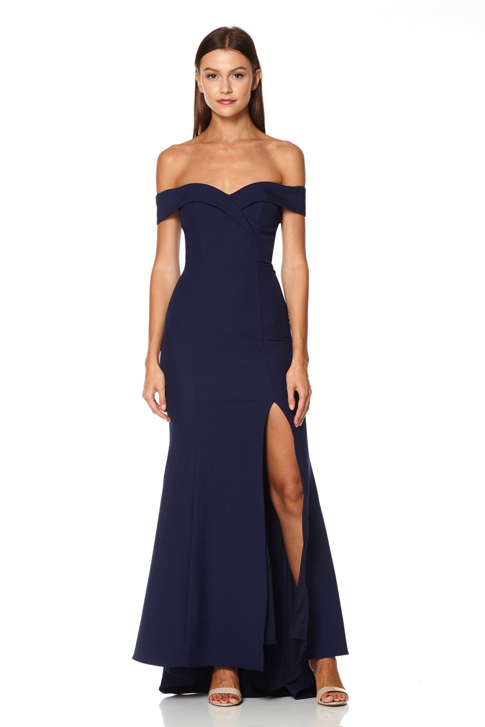 Jarlo navy bardot fishtail maxi dress with thigh split and train