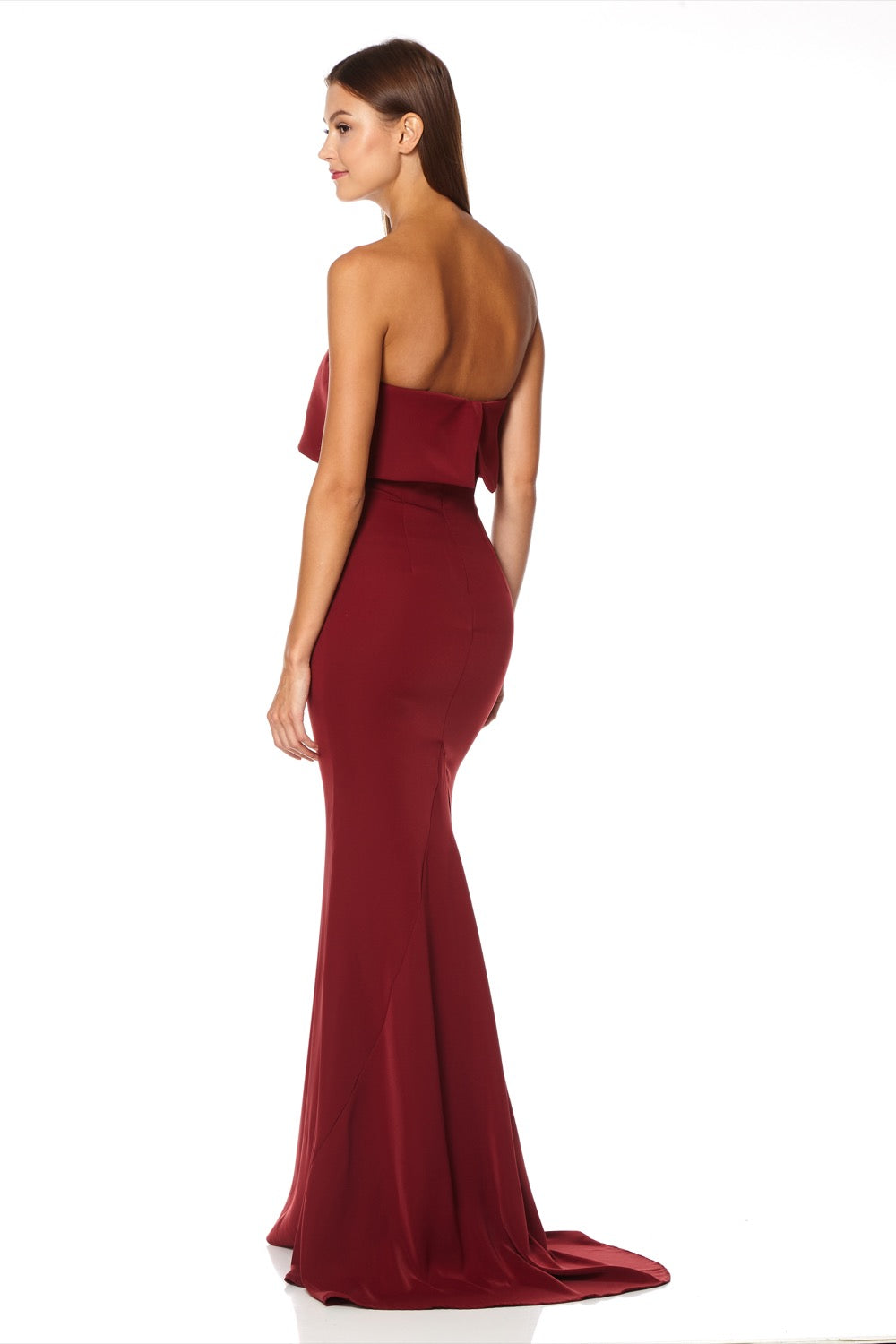 Jarlo burgundy strapless maxi dress with bust overlay