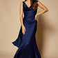 Jarlo Gabriella navy satin fishtail maxi dress with cowl neckline an open back