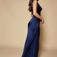 Jarlo Gabriella navy satin fishtail maxi dress with cowl neckline an open back