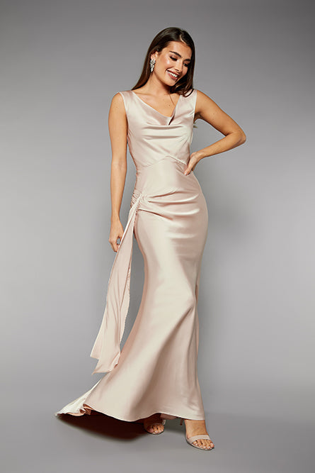 Jarlo Gabriella nude satin fishtail maxi dress with cowl neckline an open back