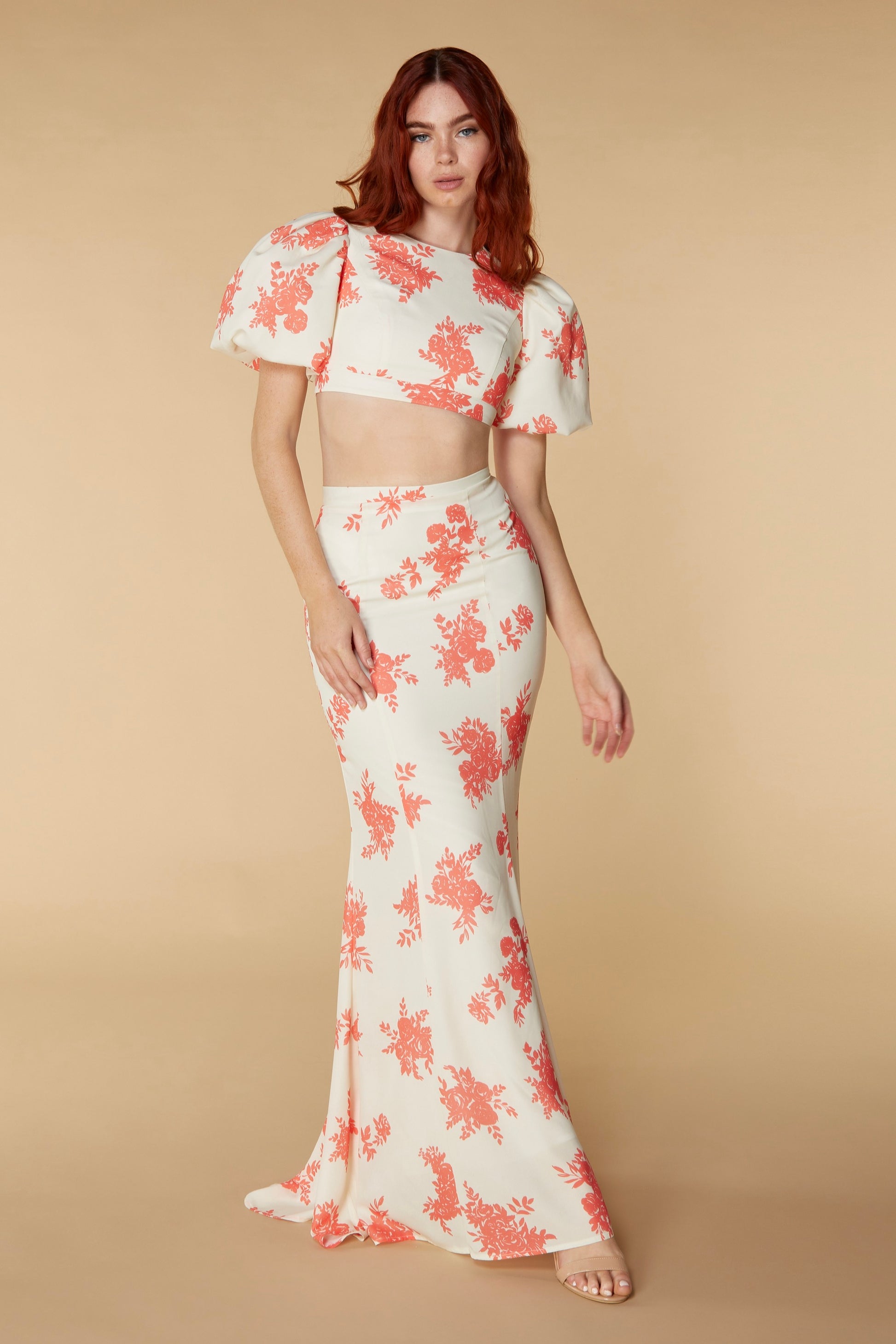 Jarlo floral print two piece set with puff sleeves