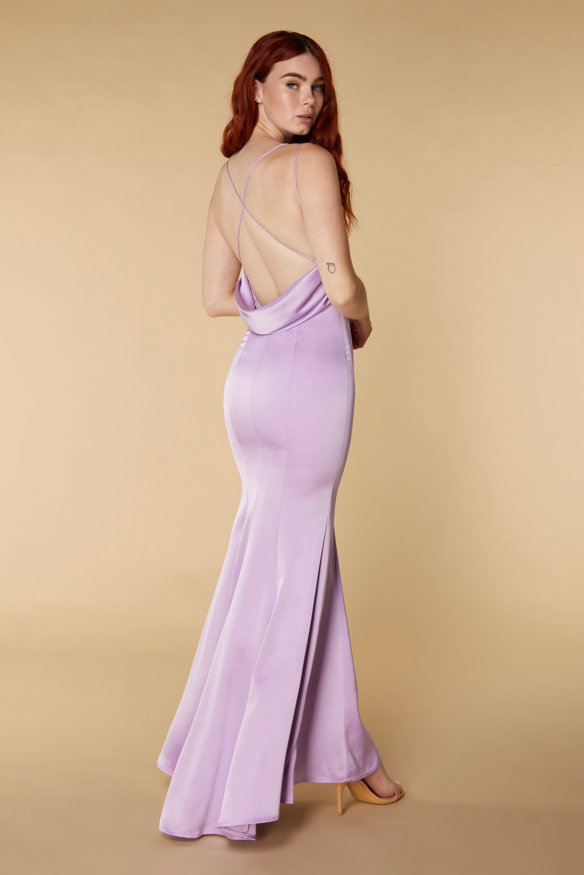 Jarlo lilac satin cowl back maxi dress with cross straps