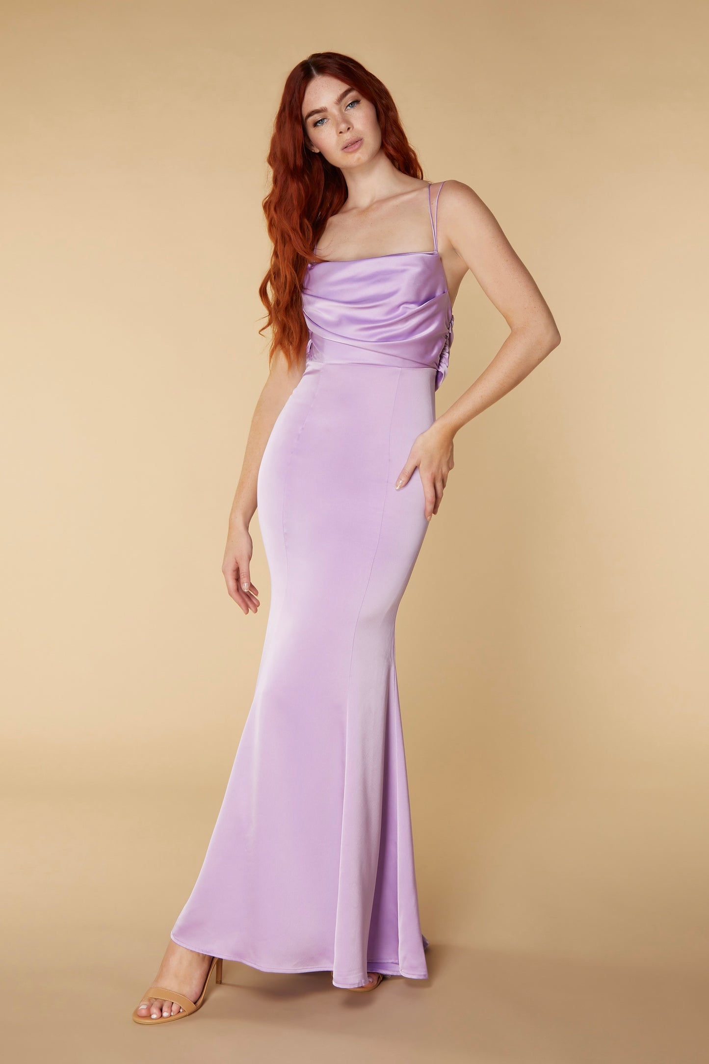 Jarlo lilac satin maxi dress with cross straps