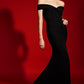 Jarlo black bardot fishtail maxi dress with thigh split and train