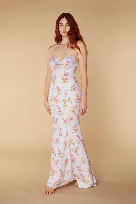 Lilac Strapless Floral Print Maxi with Train