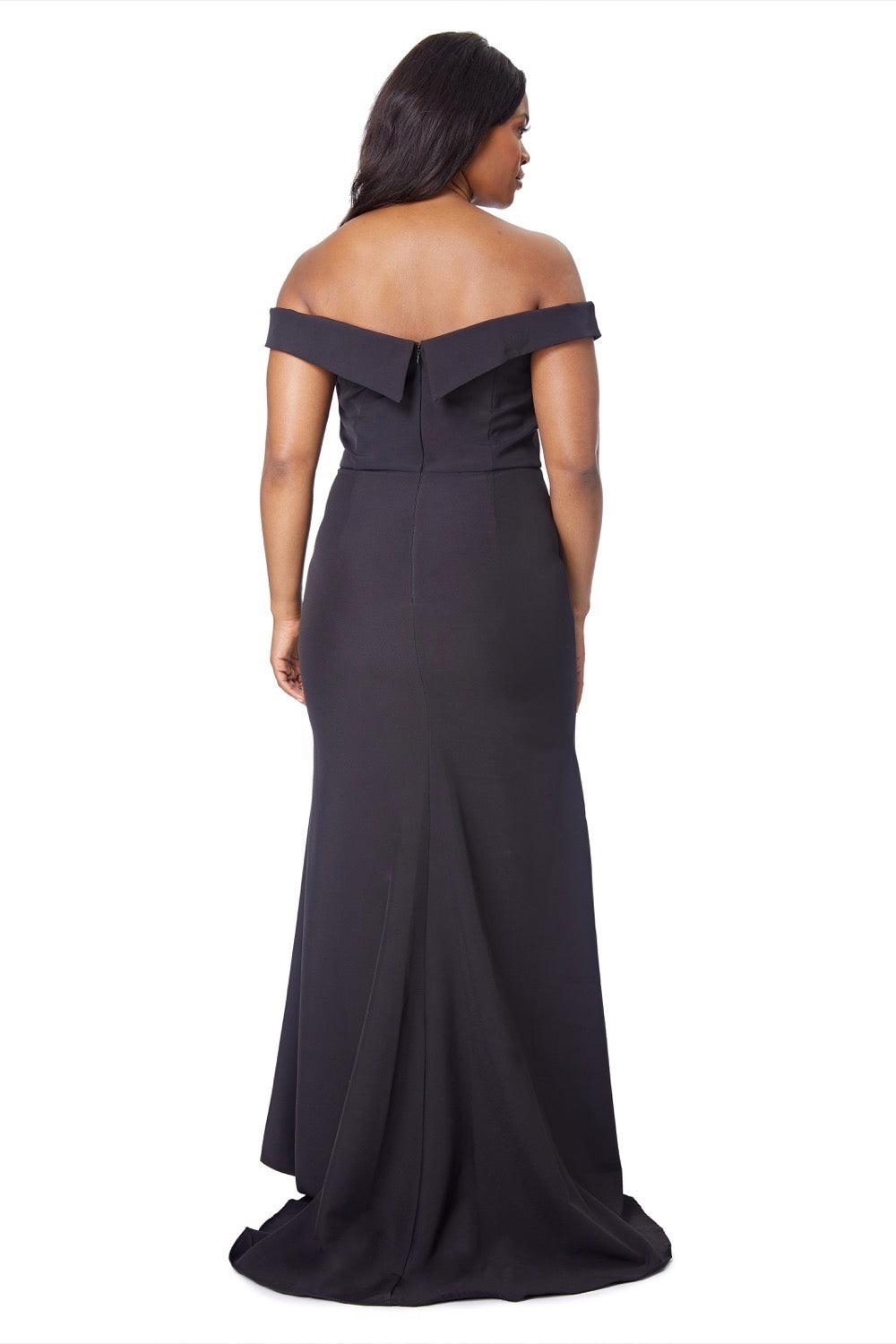 Jarlo black bardot fishtail maxi dress with thigh split and train