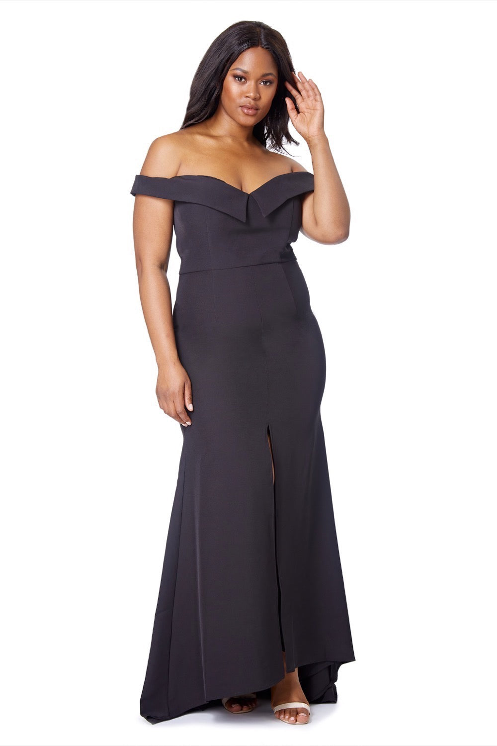 Jarlo black bardot fishtail maxi dress with thigh split and train